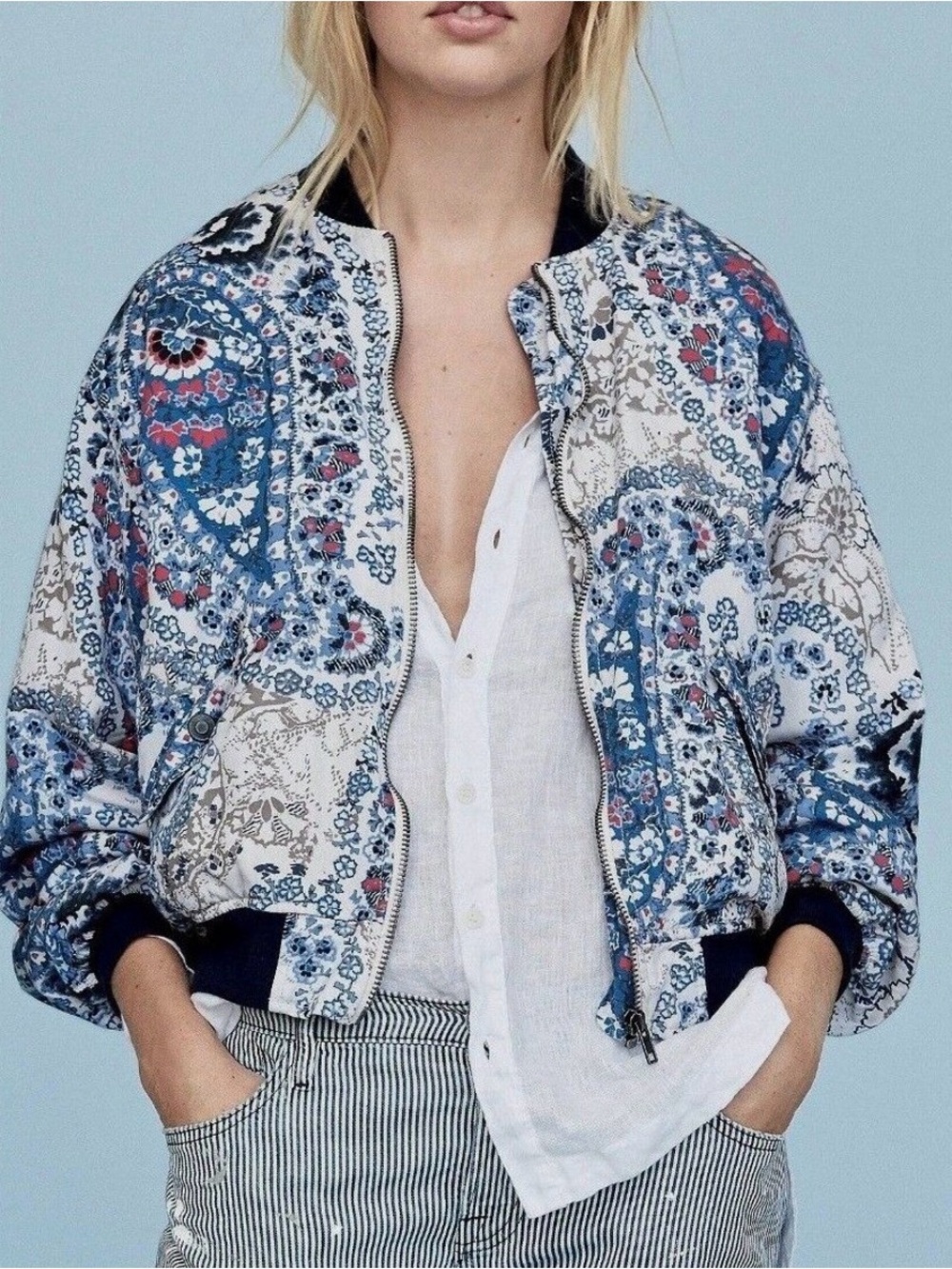 Free People Blue Floral Paisley Bomber Jacket